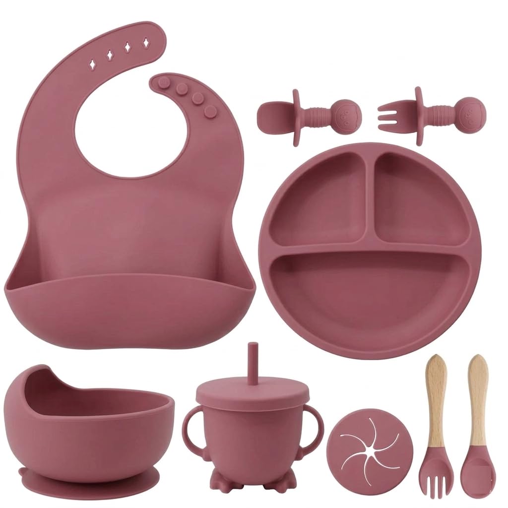 UCRAVO Pink Baby Feeding Set for Girls Silicone Baby Led Weaning Set with Adjustable Bib, Suction Plate, Suction Bowl, Baby Training Cup with Straw, Spoon and Fork Set, Toddler Feeding Essentials