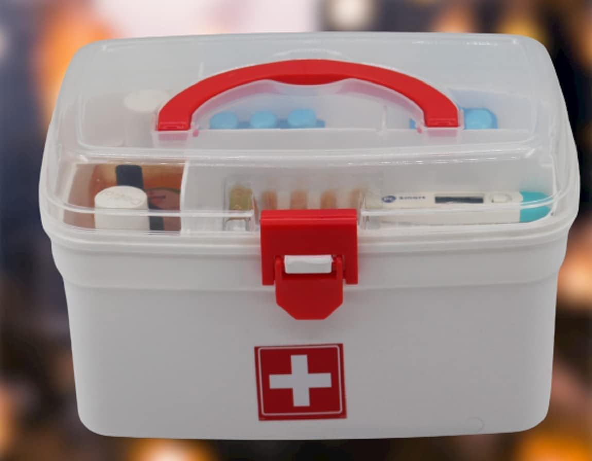 UCRAVO Medical Box, First Aid Empty Medicine Storage Box | Organizer | Attached Handle | Family Emergency Kit | Detachable Tray | Easily Accessible with a Transparent Lockable Lid (WHITE)