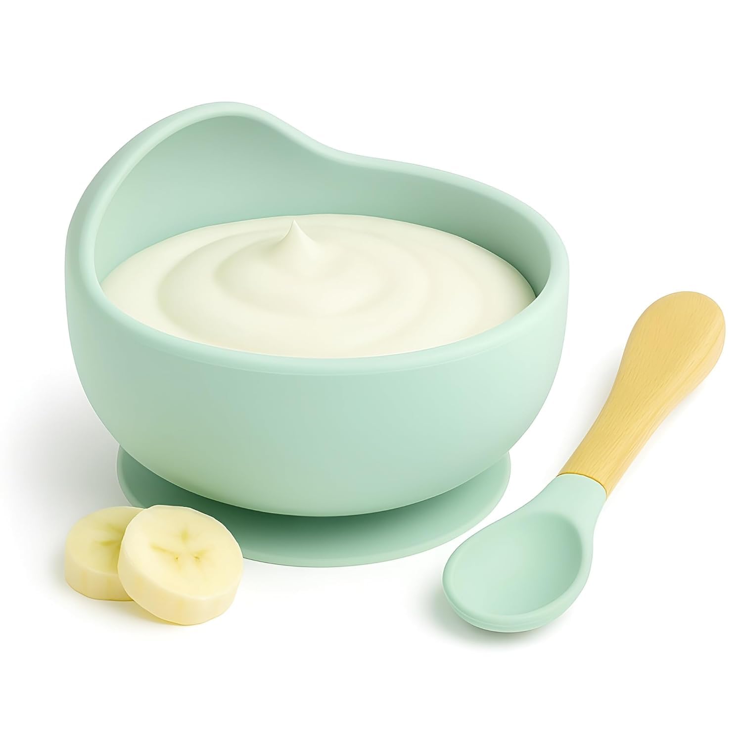 UCRAVO Baby Feeding Bowl & Spoon Set Green Silicone Suction Bowl for Baby Food Baby Bowl with Strong Suction Base | Self Feeding Toddler Bowl with Soft Silicone Spoon | Baby Led Weaning Essentials