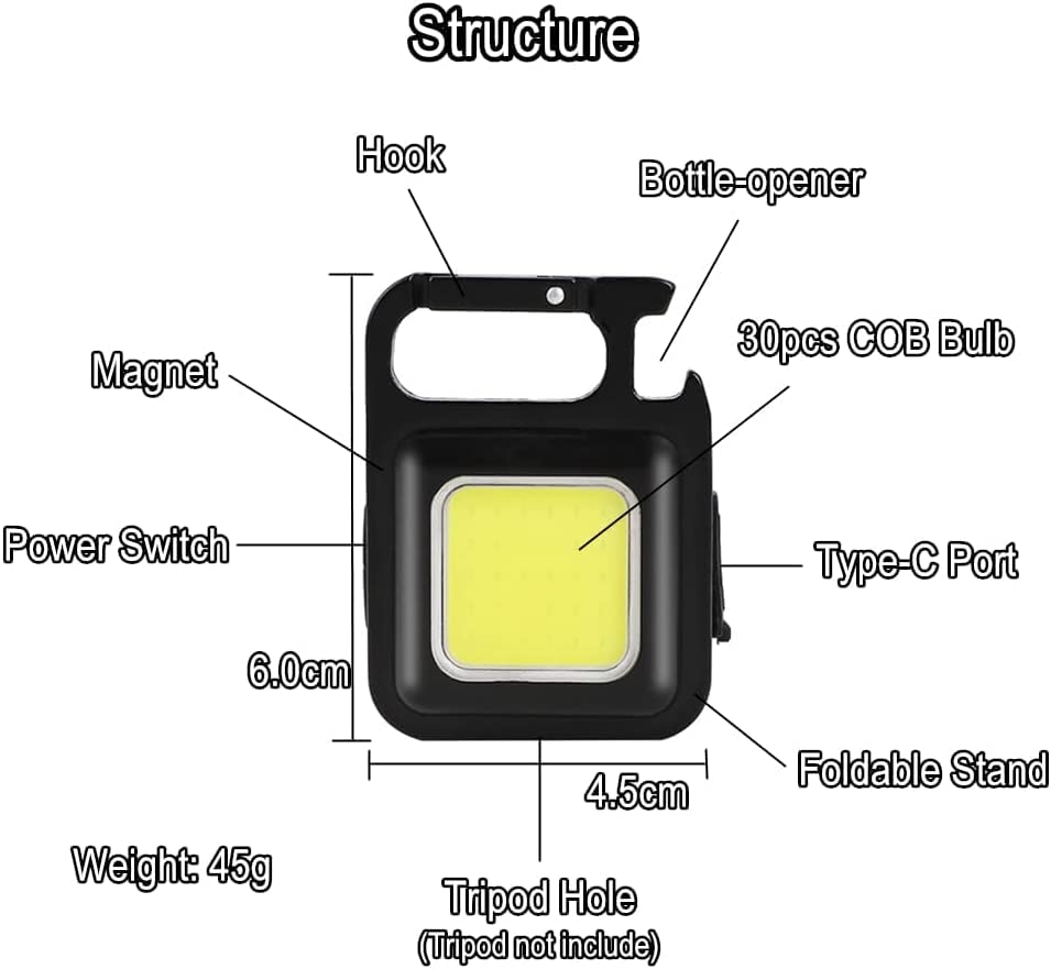 UCRAVO Mini LED Flashlight Keychain Torch COB Work Lights 500 Lumens Rechargeable Waterproof Portable Pocket Lamp with Magnetic Hook Bottle Opener for Camping Emergency Repairs Pack of 1