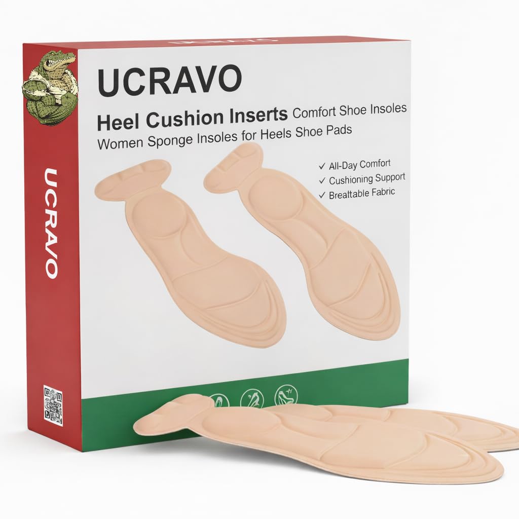 UCRAVO Heel Cushion Inserts for Women Soft Sponge Heel Pads for Heels, Sandals, Pumps & Flats | Shock Absorbing Comfort Inserts for Heel Pain Relief, Long Standing, Walking & Daily Use – 2 Pair Pack