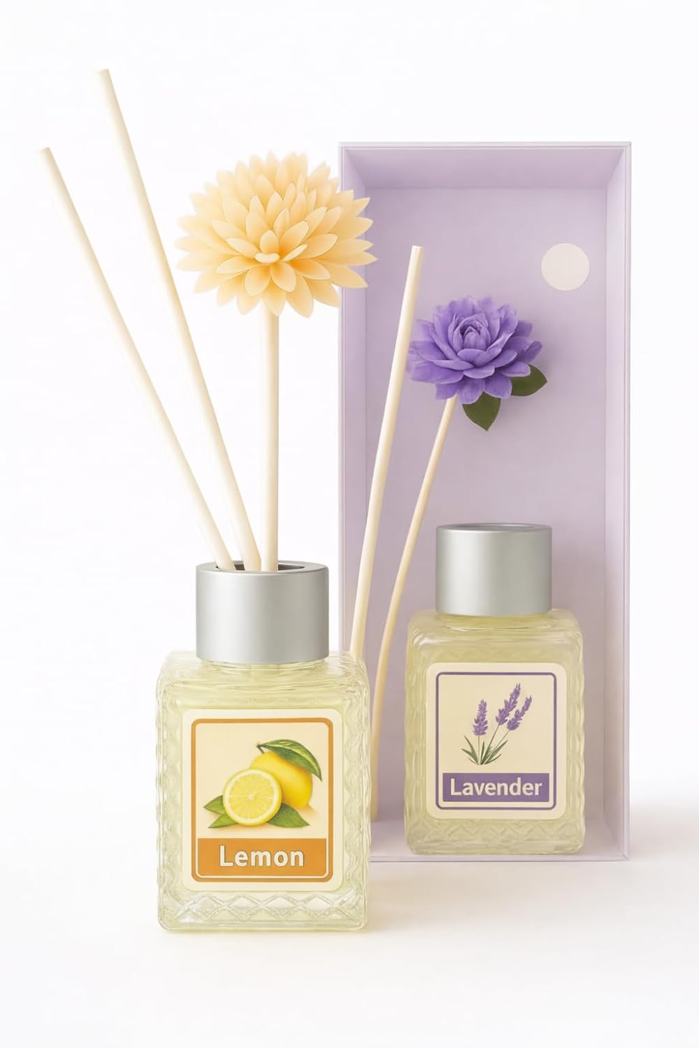 UCRAVO Lavender & Lemon Reed Diffuser Combo Set Relaxing Floral & Fresh Citrus Home Fragrance with Decorative Flower Reeds Long Lasting Air Freshener for Bedroom, Living Area, Bathroom, Office & Spa