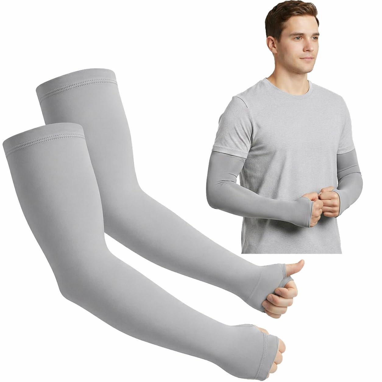 UCRAVO UV Protection Arm Sleeves with Thumb Holes for Men & Women, Cooling Nylon Sun Protection for Running, Cycling, Driving, Cricket & Outdoor Sports, Sweat-Wicking Breathable Guards (Grey, 1 Pair)