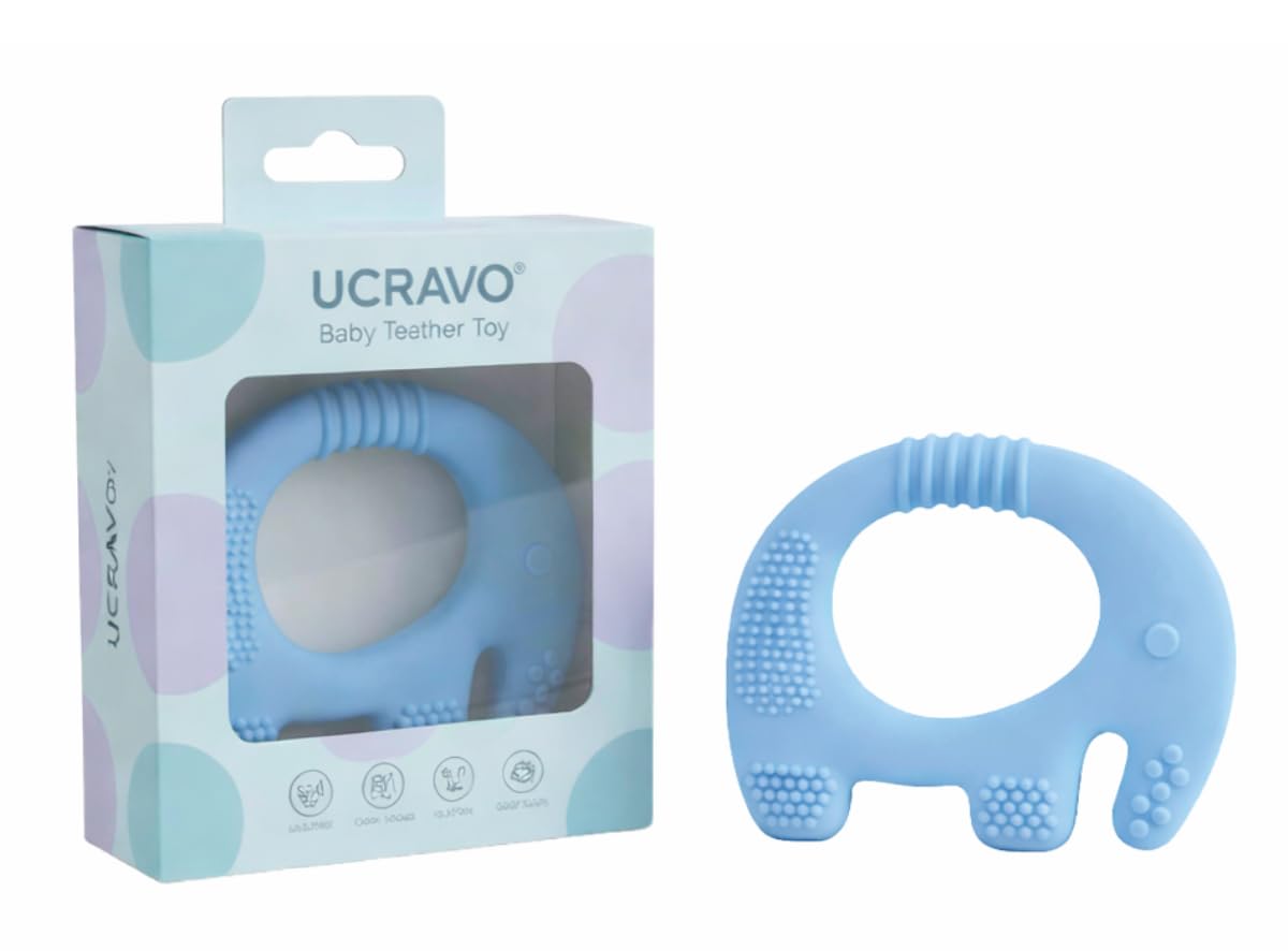 UCRAVO Sky Blue Elephant Baby Teether Toy | BPA Free Food Grade Silicone Teething Toy for Babies 3+ Months | Soft Chewable Infant Gum Relief Teether | Safe Newborn & Toddler Teething Toy