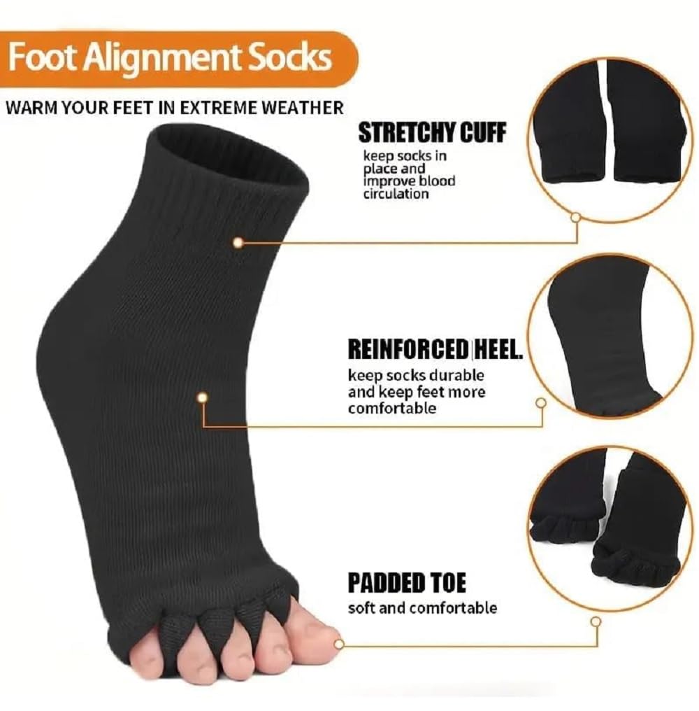 UCRAVO Ribbed Toe Separator Socks for Yoga, Pedicure & Foot Alignment | Open Toe Five Finger Socks for Toe Stretching, Bunion Relief, Balance & Foot Comfort | Soft Breathable Fabric | Black