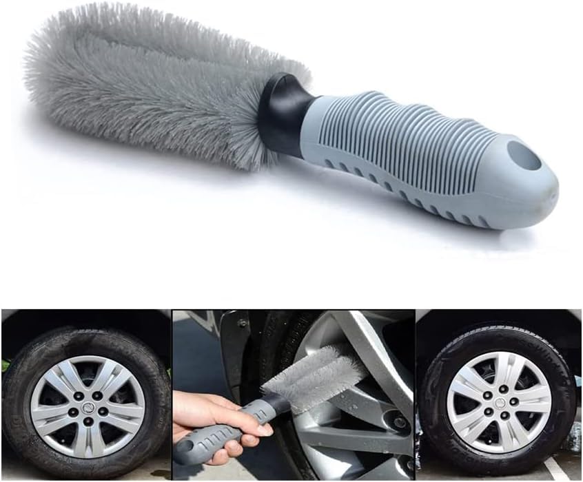 UCRAVO Car Wheel Brush, Anti-Skid Rim Cleaner Brush for Car, Bike & SUV, Heavy Duty Wheel and Tire Cleaning Brush with Soft Bristles, Ergonomic Grip Handle, Car Wash Accessories for Alloy Wheels