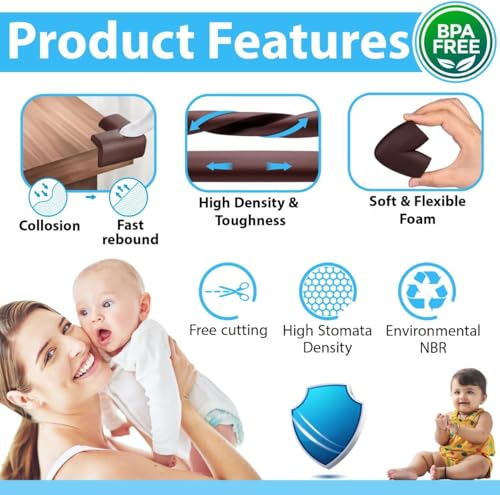 UCRAVO 8 pcs Brown Baby Safety Table Corner Protectors, Furniture Corner and Edge Safety Bumpers, Soft Rubber Foam Cushion Covers, 3M Taped Corner Guards, Baby Child Proofing Pads Rubber Corners