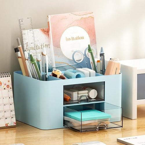 UCRAVO Stylish Stackable Desk Organizer with 2 Drawers and 5 Compartments– Multi-Functional Desktop Storage Box with Pen Holder for Home, Office, School, Craft Supplies, and Art Stationery - Blue