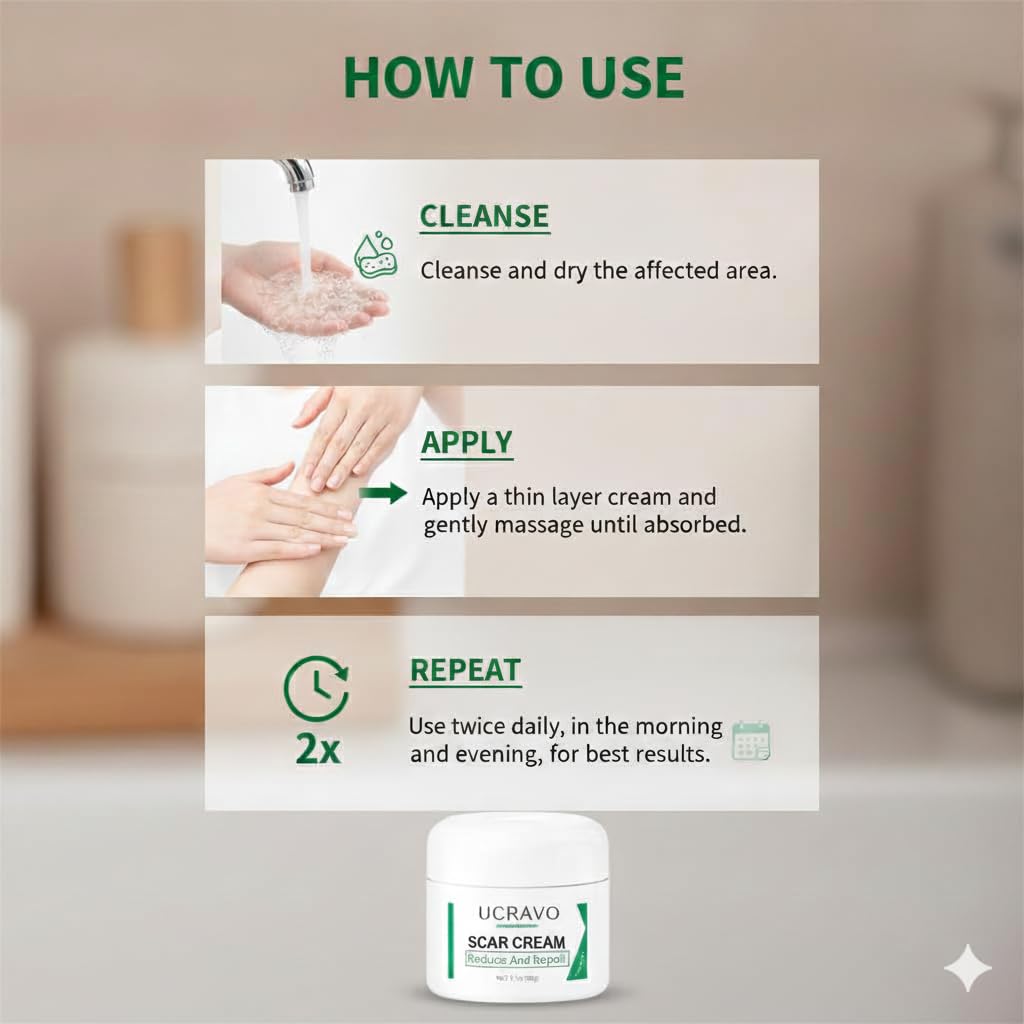 UCRAVO Scar Cream for Face & Body Advanced Scar Removal Cream for Old & New Scars Acne Scars, Stretch Marks, Burn Marks, Surgical Scar Repair Cream Fast Absorbing Non Greasy Skin Repair Formula (50g)