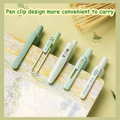 UCRAVO Green Tea 5 Pcs Gel Retractable Quick Dry Blue Ink 0.5mm Fine Point Aesthetic Stuff Ink Comfort Grip Smooth Writing Journaling Note Taking Pens Bulk Pens School Office Supplies Green
