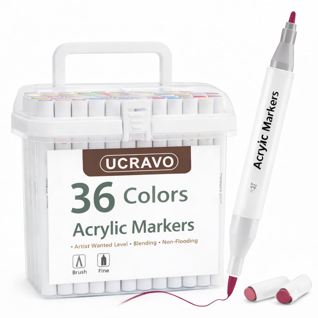 UCRAVO Acrylic Markers Set of 36 Colors | Dual Tip Brush & Fine Tip Acrylic Paint Pens Quick Dry, Waterproof, Non-Toxic Markers for Canvas, Rock Painting, Wood, Glass, DIY Art & Craft Vibrant Colors