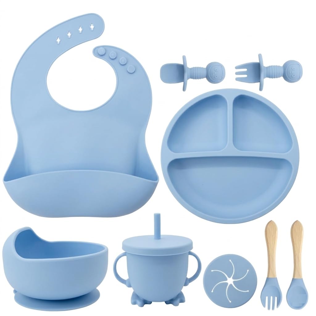 UCRAVO Blue Baby Feeding Set – Silicone Baby Led Weaning Feeding Kit with Adjustable Baby Bib,Suction Plate Divider,Suction Bowl,Straw Training Cup,Baby Spoon Fork Utensils,Self Feeding Tableware Set