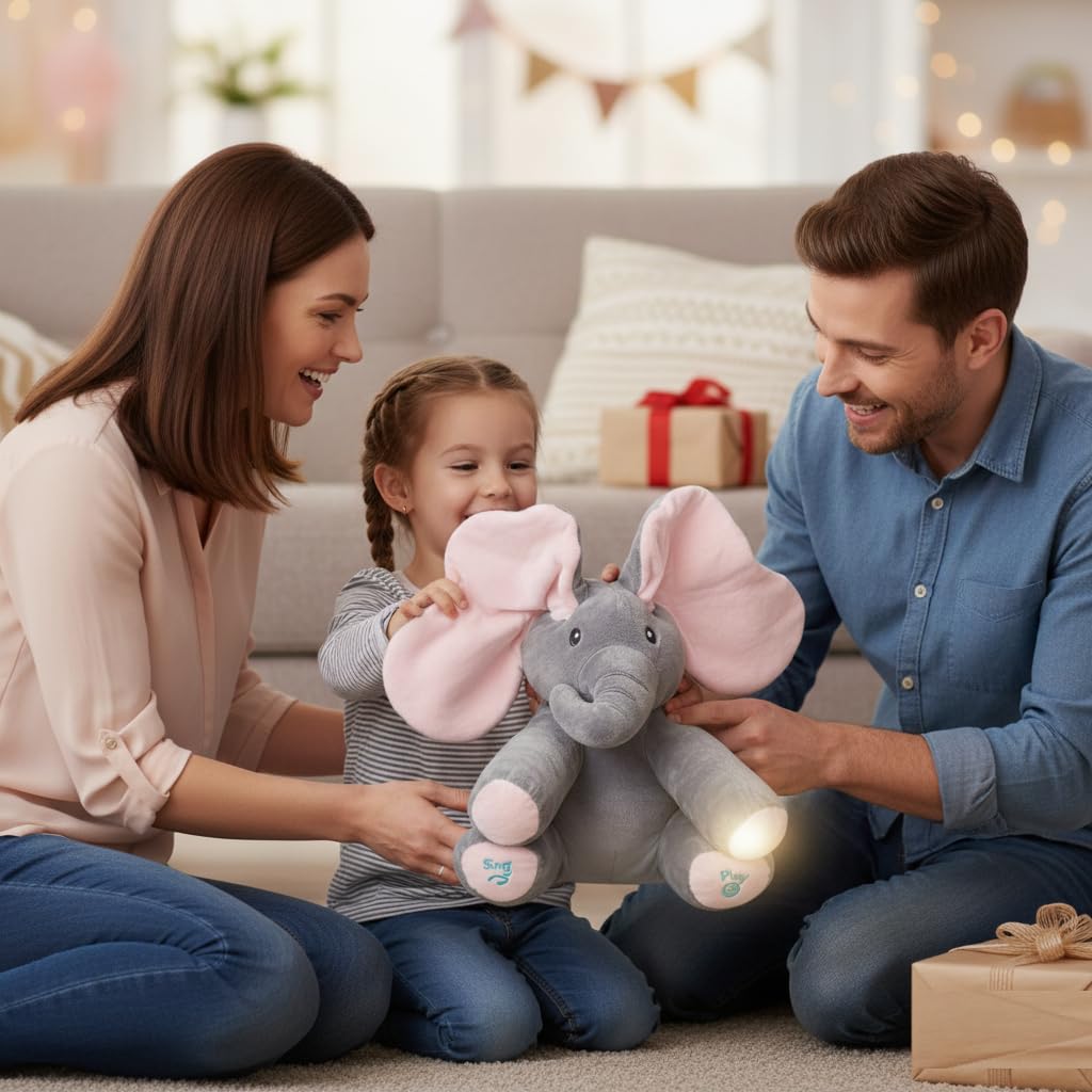 UCRAVO Singing Interactive Musical Elephant Plush Toy Peek A Boo Animal with Moving Ears,Talking Singing Baby Elephant Soft Cuddle Toy for Toddler Kid Boys Girls, Sensory Educational Gift for Infants