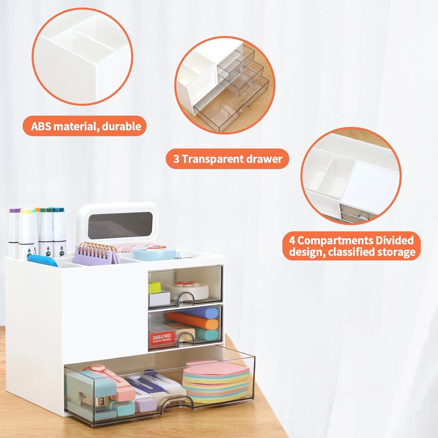 UCRAVO Multifunction Desk Organzier with Drawers, Cosmetic/Makeup Vanity Organizer Box, 3 Drawers Plastic Stationary Storage Organzier, Desktop Storage Drawers for Office Supplies,School,Home (White)