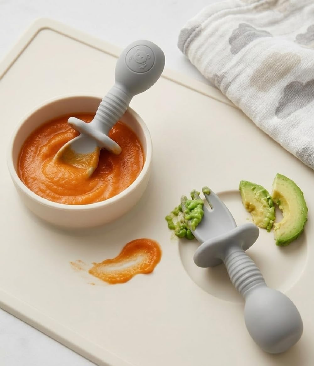 UCRAVO Silicone Baby Spoon Fork Set for Self Feeding | BPA Free Baby Training Utensils | Anti Choke Guard Baby Feeding Spoon & Fork | Baby Led Weaning Utensils for Infants Toddlers Kids (Grey)