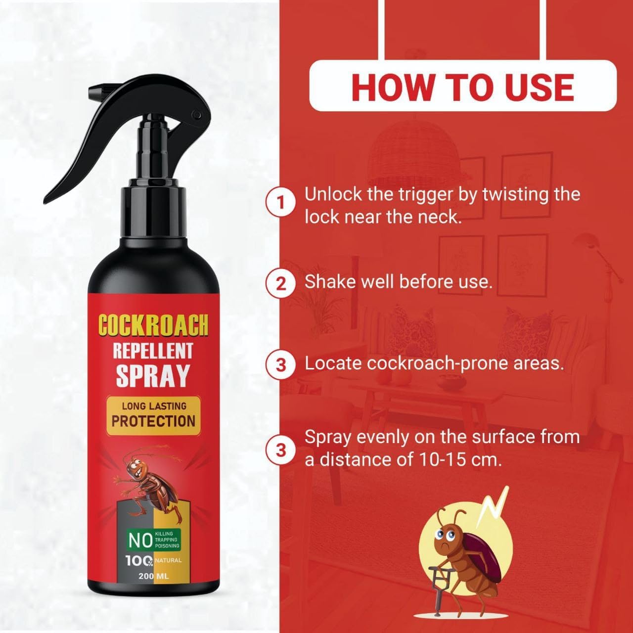 UCRAVO Herbal Cockroach Repellent Spray 200ml – Permanent Cockroach Killer, Natural & Chemical-Free | Safe for Home, Kitchen, Bedroom & Bathroom | Baby & Pet Safe Roach Spray | Eco-Friendly Pest Control