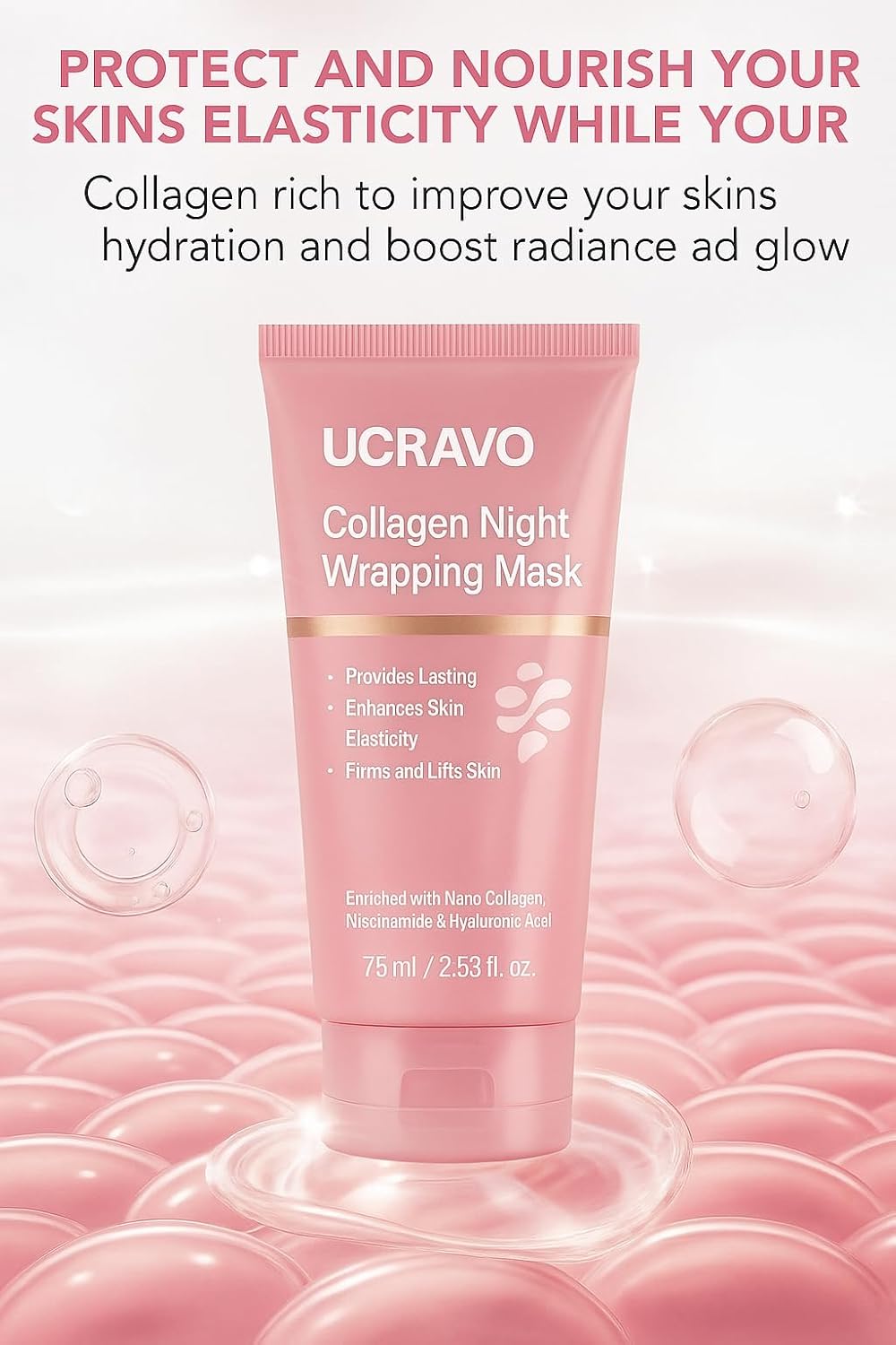 UCRAVO 1 PC Collagen Overnight Wrapping Mask Collagen Overnight Peel Off Facial Mask | Elasticity & Hydration Care, Reduces Sagging & Dullness | Hydrolyzed Collagen For Glowing Skin | Korean Skin Care
