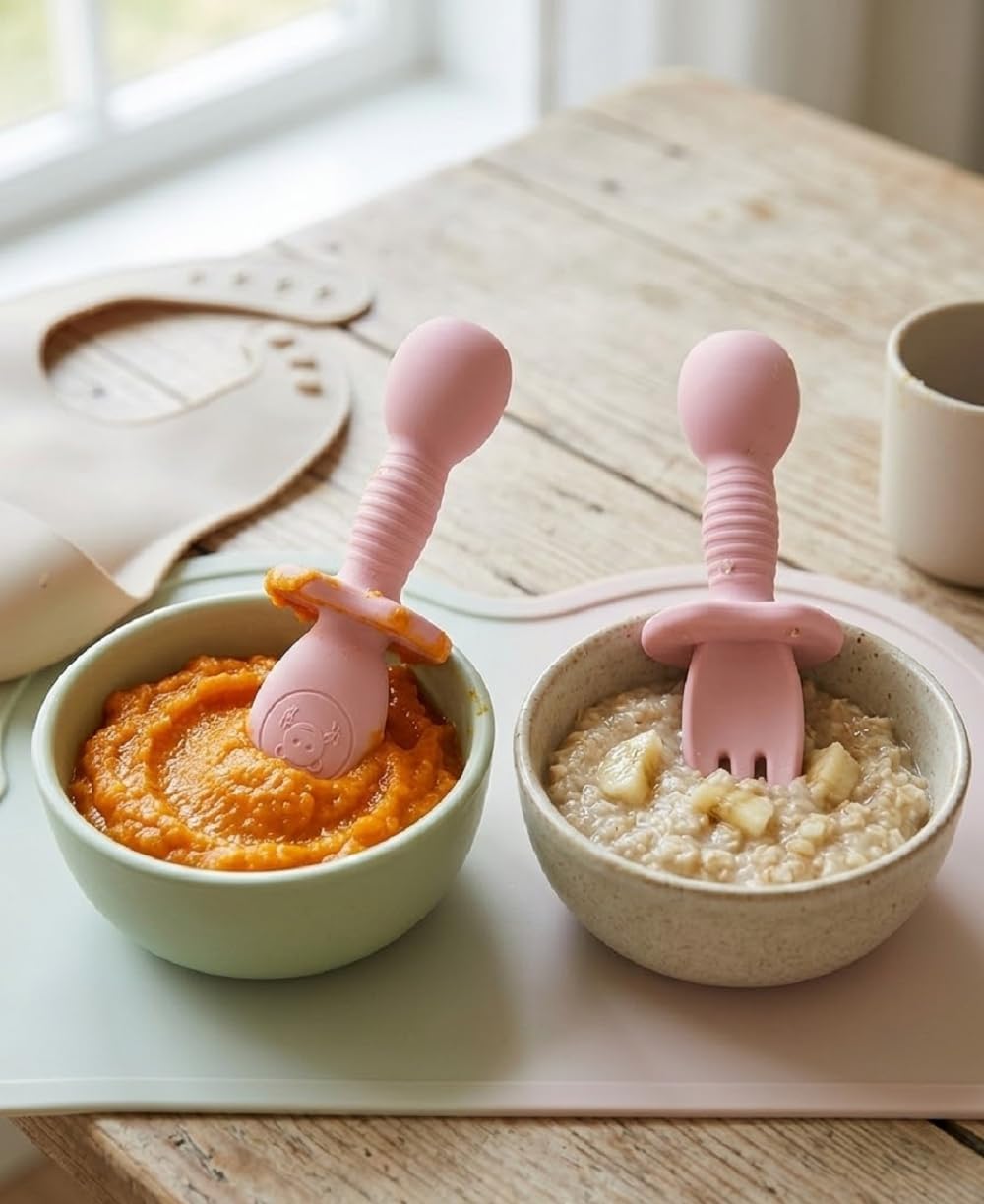 UCRAVO Baby Self Feeding Spoon and Fork Set for Toddlers Silicone Training Spoon Fork Set Anti Choke Guard Self Feeding Utensils for Babies Soft Toddler Learning Spoon Baby Led Weaning Spoon Set Pink