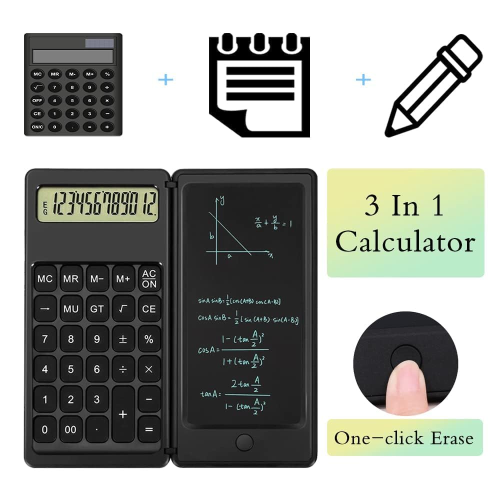 UCRAVO 12-Digit Writing Tablet Calculator for Kids & Office LCD Doodle Pad Calculator Dual-Screen Math with Stylus Desktop with Writing Board for School,Home, Study & Business