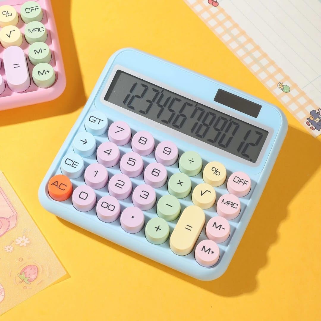UCRAVO Cute Blue Desktop Calculator, 12-Digit Large LCD Display with Tilt Screen, Pastel Mechanical Round Button, Big Key Adding Machine for Office, School, Business & Aesthetic Desk