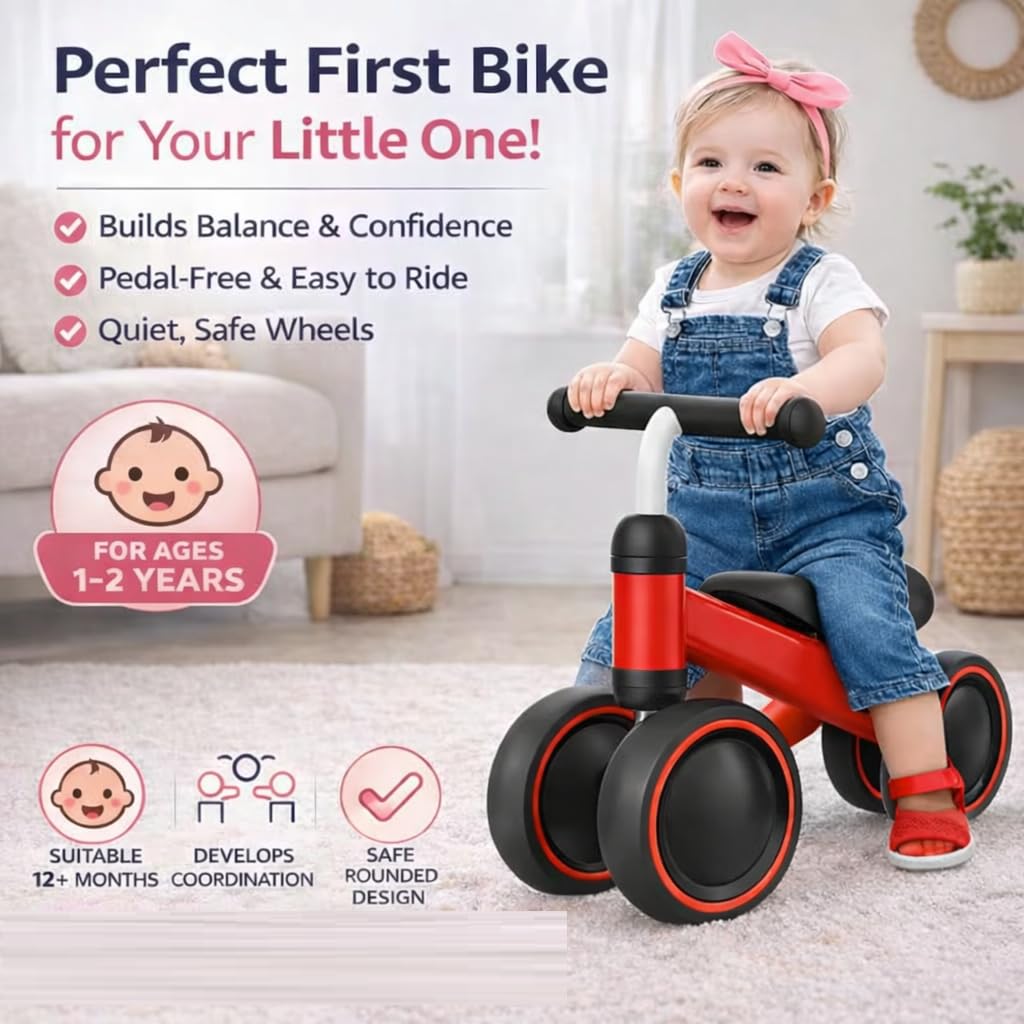 UCRAVO Baby Balance Bike for 1-2 Year Old Toddlers 4 Wheel Stable Ride-On Toy for Boys & Girls Indoor Outdoor ToddlerFirst Bike Lightweight Safe Training Bicycle with Comfortable Seat & Easy Steering