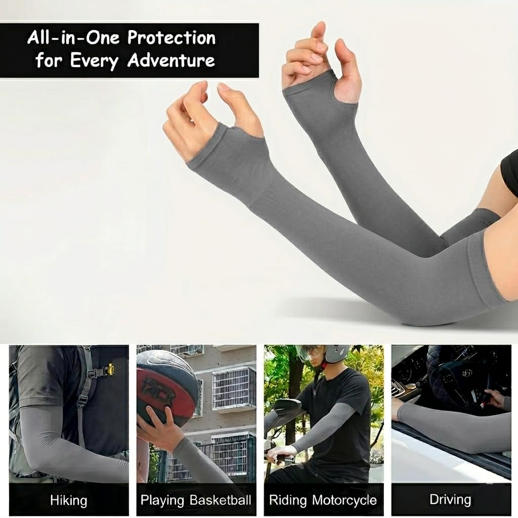 UCRAVO UV Protection Arm Sleeves with Thumb Holes for Men & Women, Cooling Nylon Sun Protection for Running, Cycling, Driving, Cricket & Outdoor Sports, Sweat-Wicking Breathable Guards (Grey, 1 Pair)