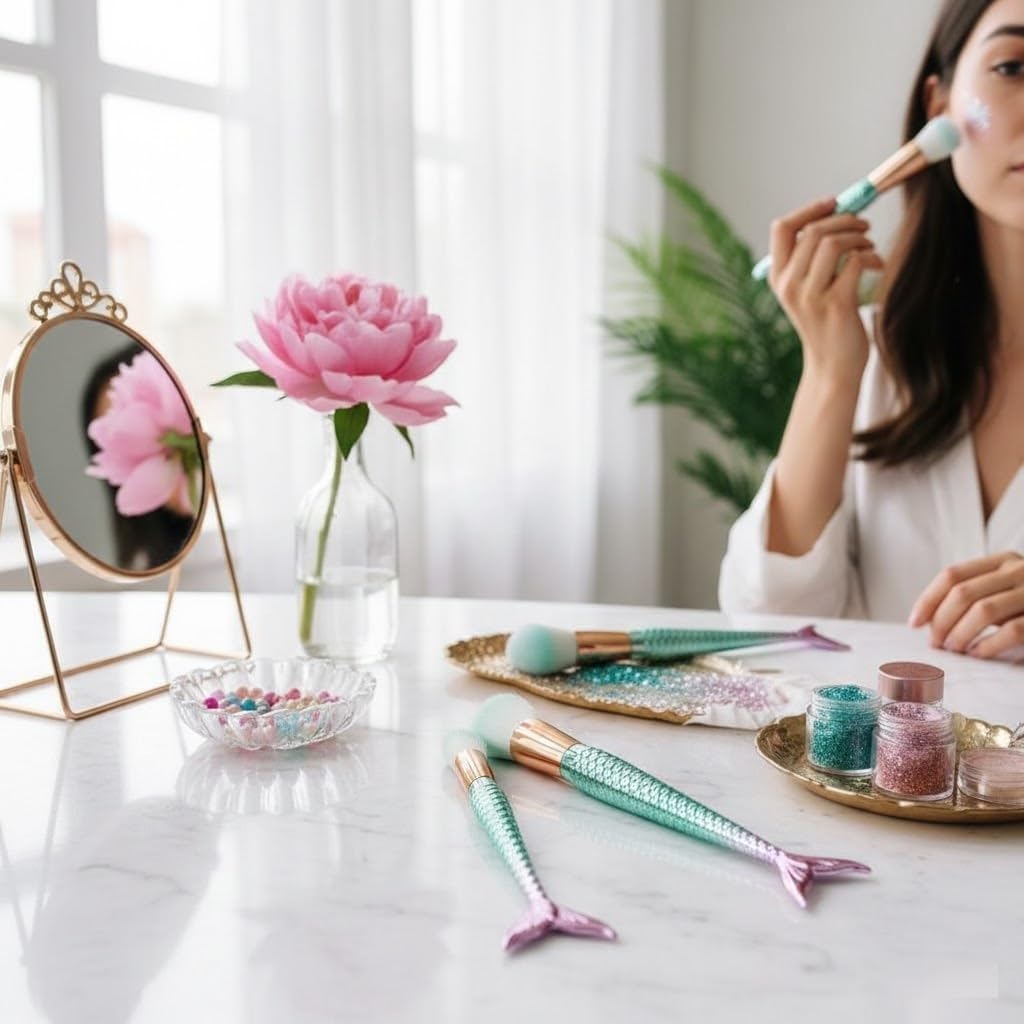 UCRAVO Mermaid Makeup Brush Set (10 PCS) Professional Makeup Brushes Kit with Fish Scale Handle, Soft Synthetic Bristles for Foundation, Blush, Eyeshadow, Contour & Highlight Cosmetic Brush Set for Women & Girls