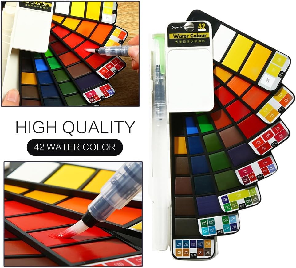 UCRAVO 42 Colors Solid Watercolor Paint Set with Water Brush Pen Portable Travel Watercolour Palette for Artists, Students, Beginners & Professionals | High Pigment, Non-Toxic, Smooth Blending Paints