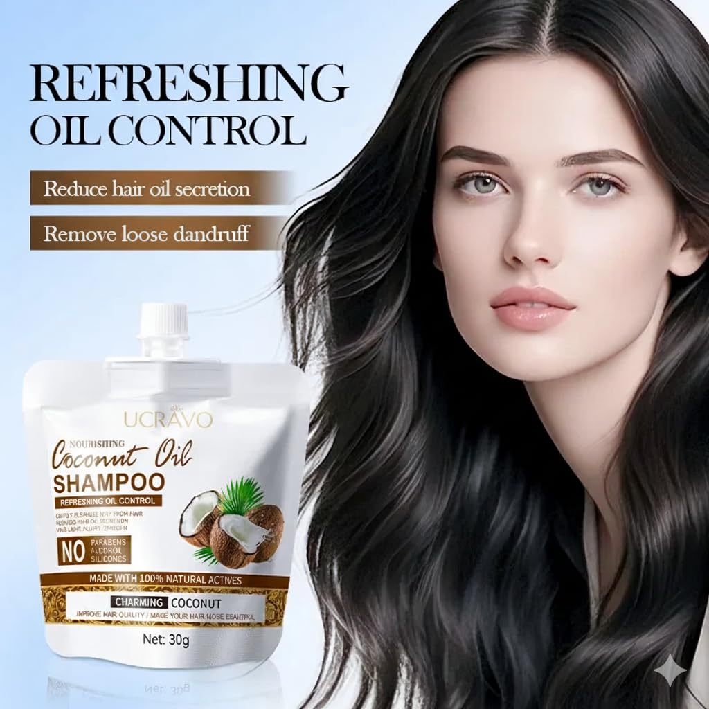UCRAVO 2 Pack Nourishing Coconut Oil Shampoo 60g - Anti Dandruff Hair Care Product | Scalp Repair & Flake Removal | Strengthening Moisturizing Shampoo for Dry & Damaged Hair | Travel Friendly Bags