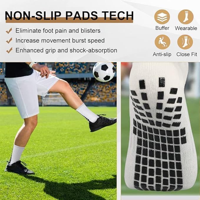 UCRAVO 2 Pair Hi-Tech Performance Grip Socks for Men & Women | Anti-Slip Rubber Grip Crew Length Footballer Socks, Thick Cushion Sports Socks for Running, Gym Training & Athletic Fitness