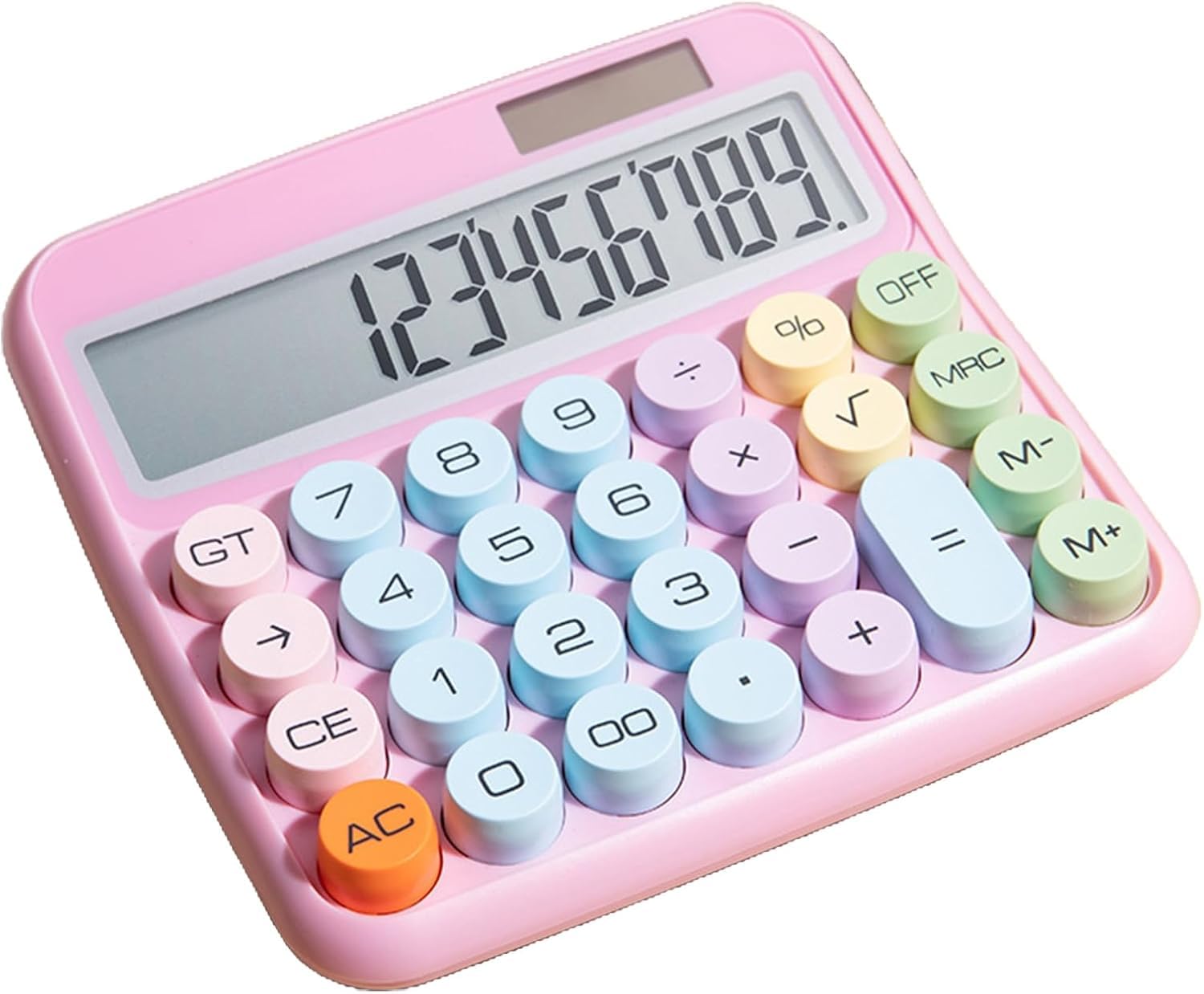 UCRAVO Cute Pink Calculator, 12-Digit Large LCD Display, Pastel Mechanical Round Button, Big Size Desktop Adding Machine for Office, School & Home, Aesthetic Stationery