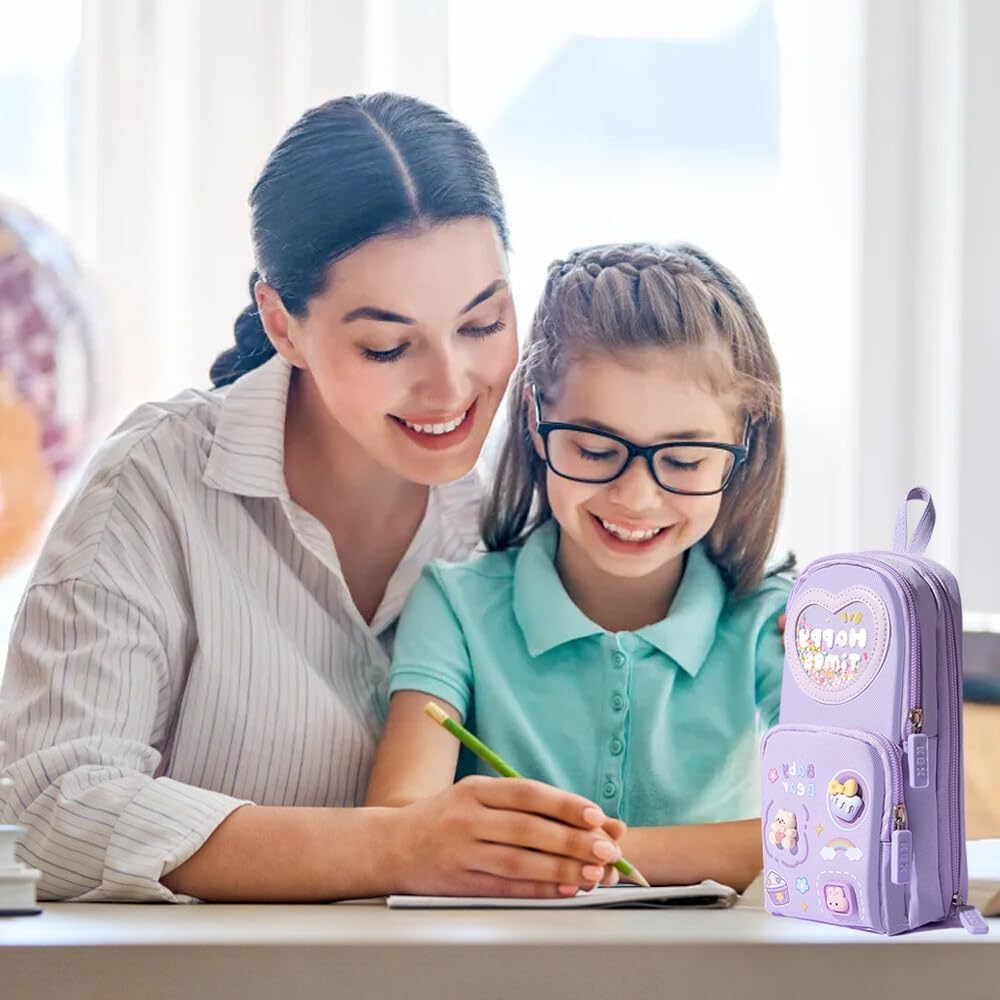 UCRAVO Canvas Premium Pencil Case, 6 Layer Large Capacity Pouch with 3 Compartments | Cute Aesthetic Design for Girls, Students & School Kids | Multifunctional Stationery Organizer & Storage