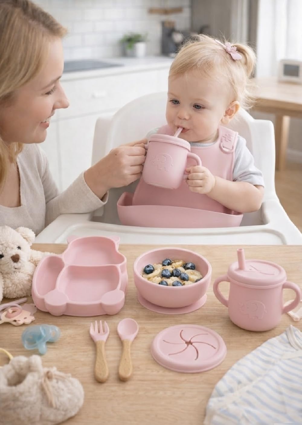 UCRAVO Pink Silicone Baby Feeding Set for Baby Girls 6 PS Baby Led Weaning Kit with Bowl & Animal Shape Divided Plate,Adjustable Food Catcher Bib,Leak Proof Straw Sippy Cup,Soft Silicone Spoon & Fork