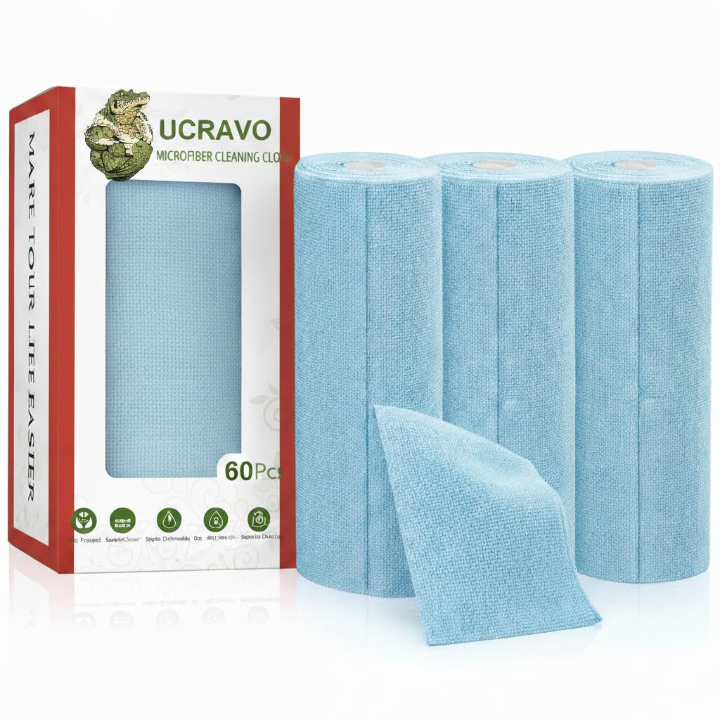 UCRAVO 3 Roll 60pcs Skyblue Microfiber Cleaning Cloth Roll - Reusable & Washable Tear-Away Towels | Super Absorbent Lint Free Cleaning Rags for Kitchen Car Garage & Home | Very Soft Multi-Surface Wipe
