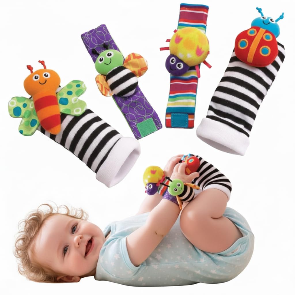 UCRAVO Baby Wrist Rattle Socks & Foot Finder Set for Newborn Boys & Girls, High Contrast Black and White Infant Sensory Toys 0-12 Months, Soft Montessori Developmental Toy, Tummy Time Activity Gift