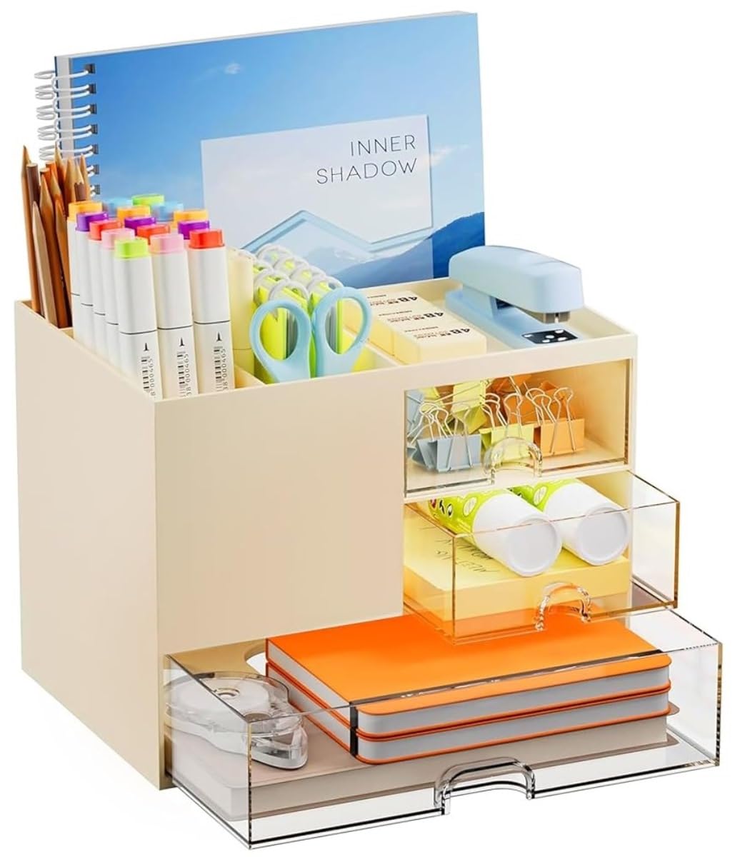 UCRAVO Student Desk Organizer and Storage with 3 Drawers | Aesthetic Pastel Beige Clutter Control Solution | Multi-Functional Large Capacity Table Organizer for Study, School Supplies & Office Use