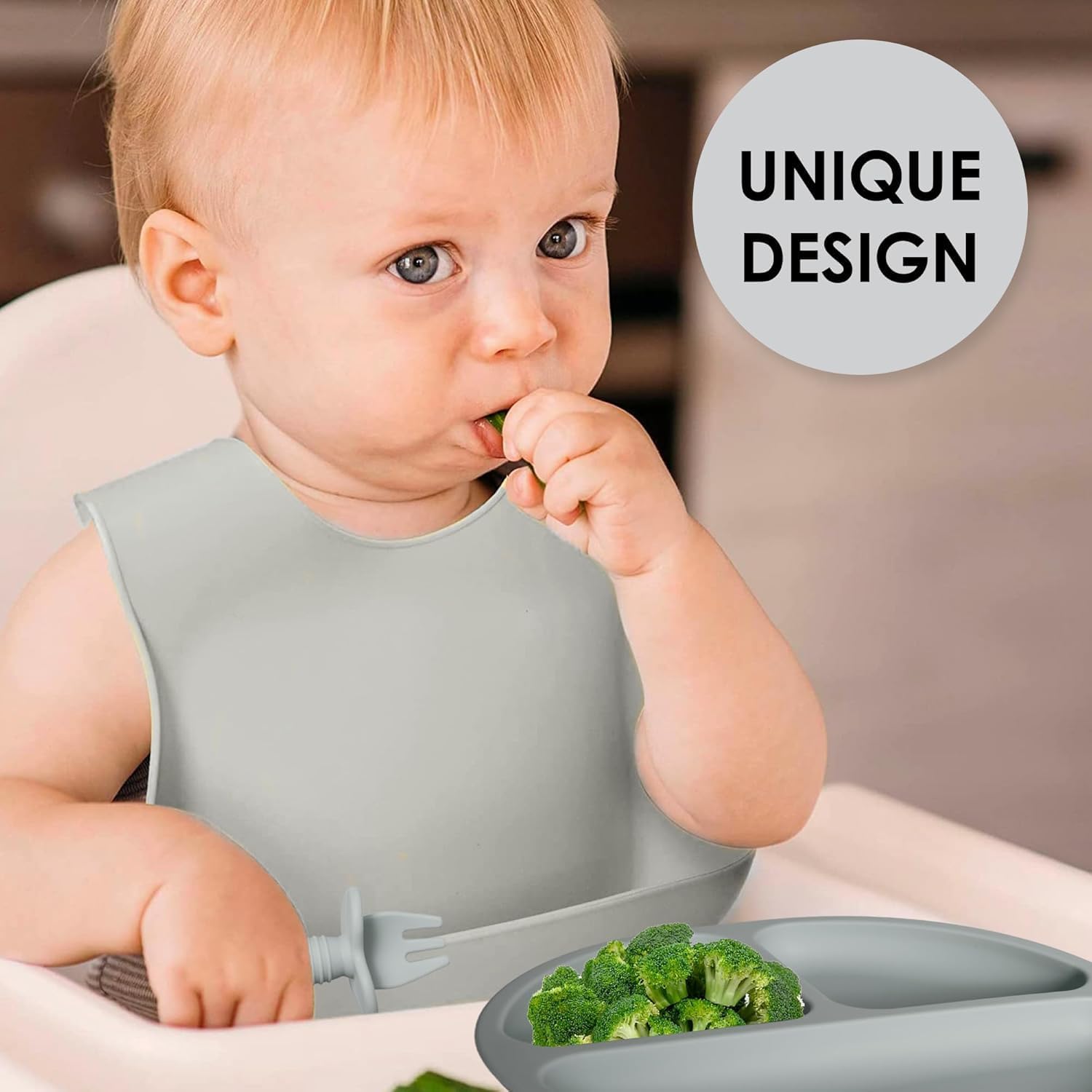 UCRAVO Modern Grey Silicone Baby Bib for Boys and Girls – Dishwasher Safe Waterproof Bib – Soft Flexible Feeding Gear with Large Catch-All Pocket – Ideal Baby Shower Gift for New Parents