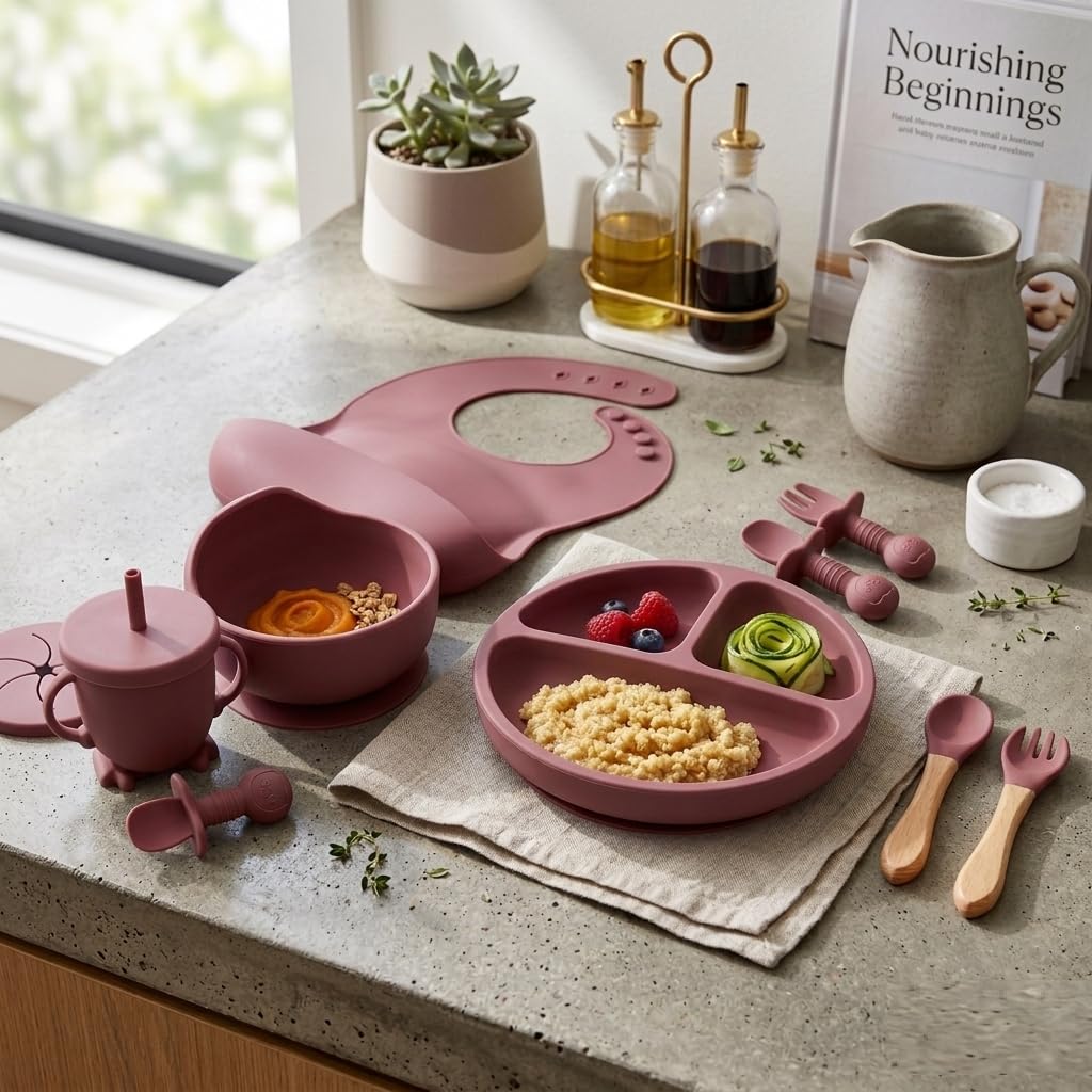 UCRAVO Pink Baby Feeding Set for Girls Silicone Baby Led Weaning Set with Adjustable Bib, Suction Plate, Suction Bowl, Baby Training Cup with Straw, Spoon and Fork Set, Toddler Feeding Essentials