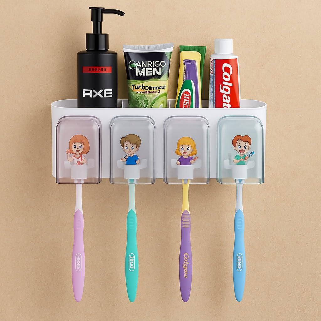 UCRAVO Toothbrush Holder | Toothpaste Bathroom Organizer Plastic Holders for Wall Mounted Toothbrushes Shelf Storage Toothpaste Colorful Cute Cartoon Stickers Self Adhesive Toothbrush Cup Brush