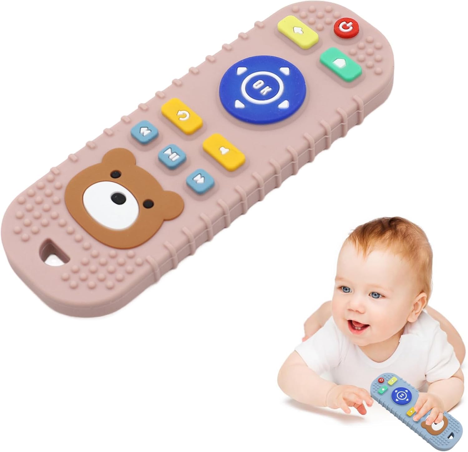 UCRAVO Silicone Remote Teether for Baby, Remote Teether for 3+ Months and 6 to 12 Months Baby, Helps Biting Skills Development, Colour & Shape Recognition, Teething Toys for Babies and Toddlers-Pink