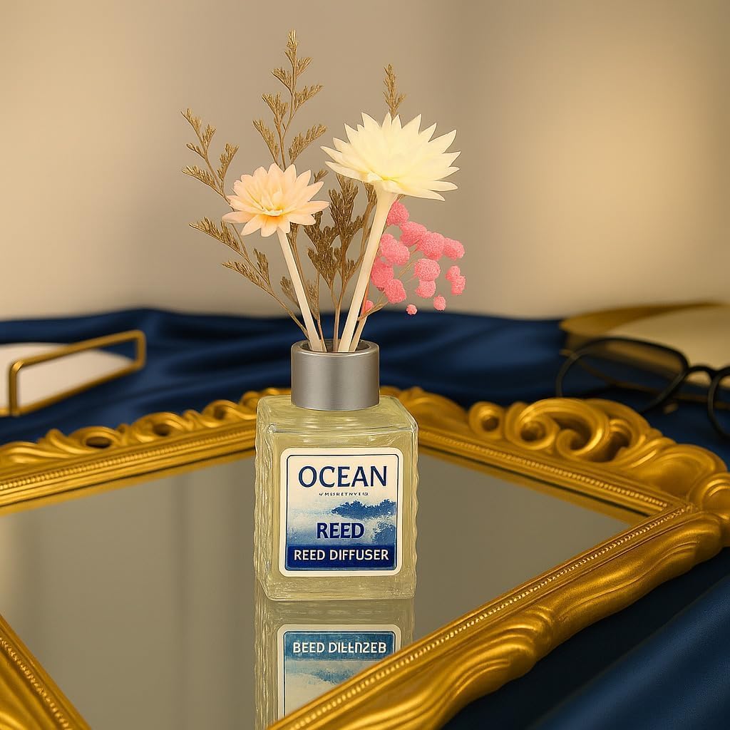 UCRAVO Ocean Reed Diffuser for Home | Long Lasting Ocean Fragrance Aroma Diffuser | Reed Diffuser Set with Sticks | Air Freshener for Living Room, Bedroom, Bathroom, Office | Home Decor & Gift Item