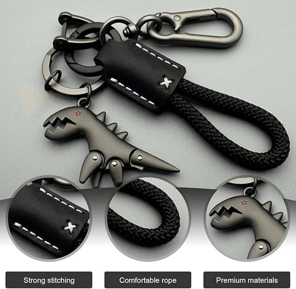 UCRAVO Metal Keychain for Men & Women – Dinosaur Keyring with a Hand-Woven Bracelet,Carabiner Clip & Braided Strap Heavy Duty Key Holder for Car,Bike,Office & Travel Stylish Key Chain Accessory Gift