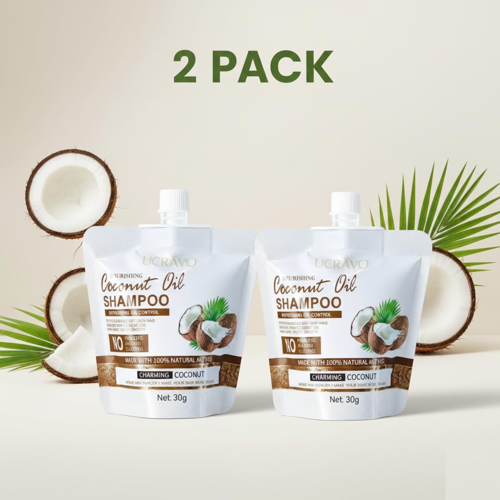 UCRAVO 2 Pack Nourishing Coconut Oil Shampoo 60g - Anti Dandruff Hair Care Product | Scalp Repair & Flake Removal | Strengthening Moisturizing Shampoo for Dry & Damaged Hair | Travel Friendly Bags