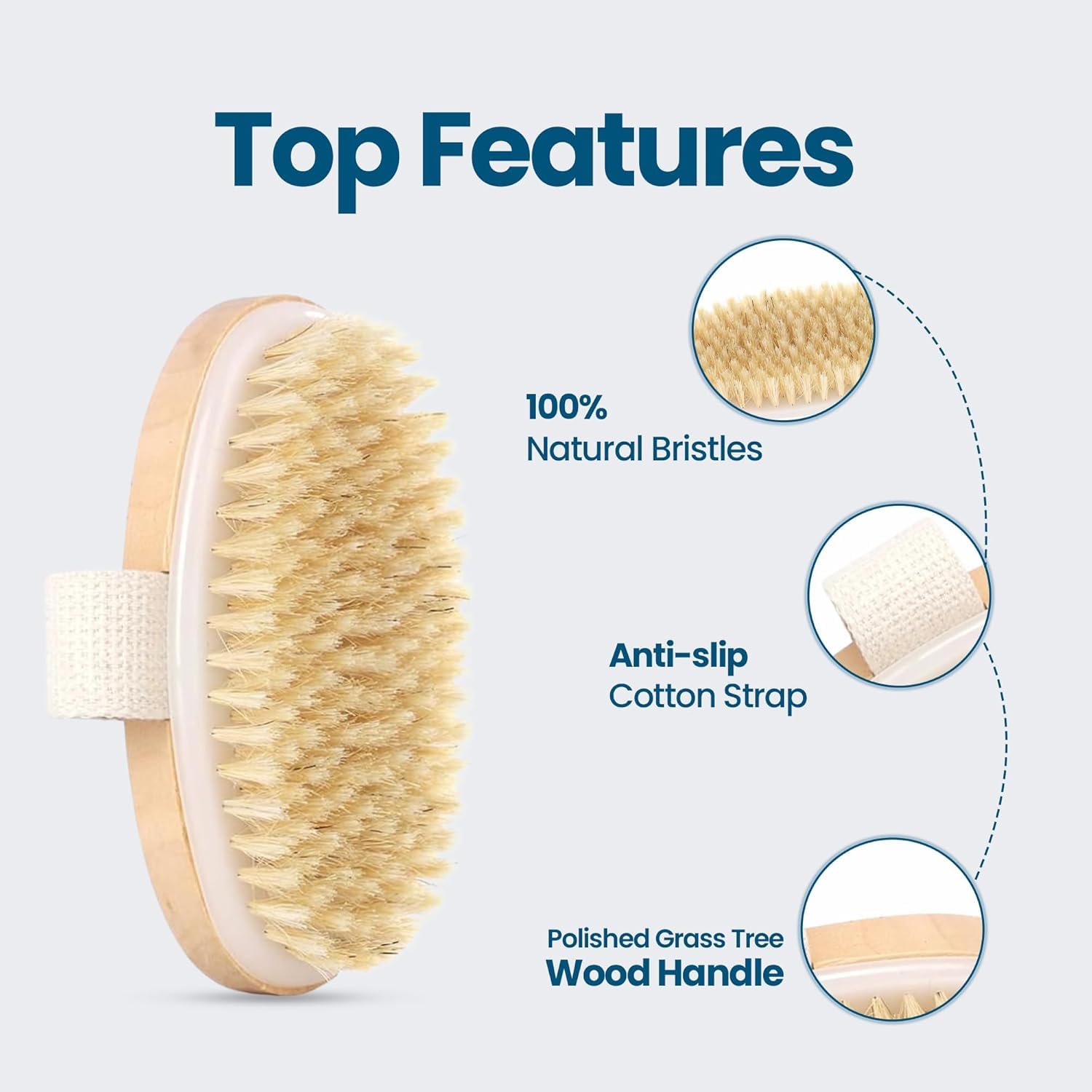 UCRAVO Natural Bristle Dry Body Brush with Long Wooden Handle for Exfoliation – Body Scrubber for Glowing Skin, Lymphatic Drainage & Cellulite Reduction Perfect Bath Brush for Men & Women (Brown)