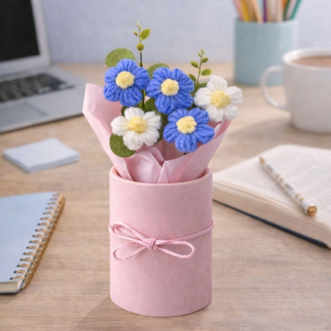 UCRAVO Artificial Crochet Flower Bouquet Blue Daisy Handmade Knitted Flower Bunch with Pot, Cute Mini Flower Arrangement for Desk Decor, Home Decoration, Romantic Gift for Girls, Women, Birthday Gift