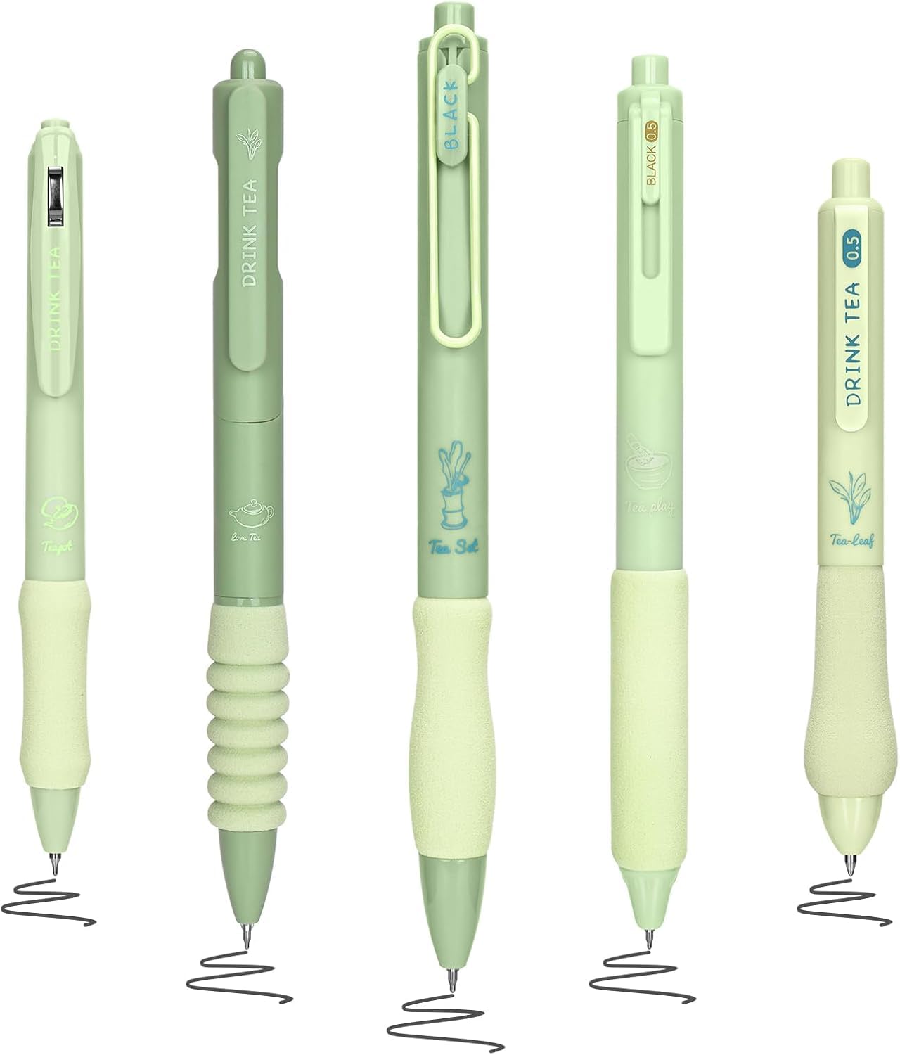UCRAVO Green Tea 5 Pcs Gel Retractable Quick Dry Blue Ink 0.5mm Fine Point Aesthetic Stuff Ink Comfort Grip Smooth Writing Journaling Note Taking Pens Bulk Pens School Office Supplies Green