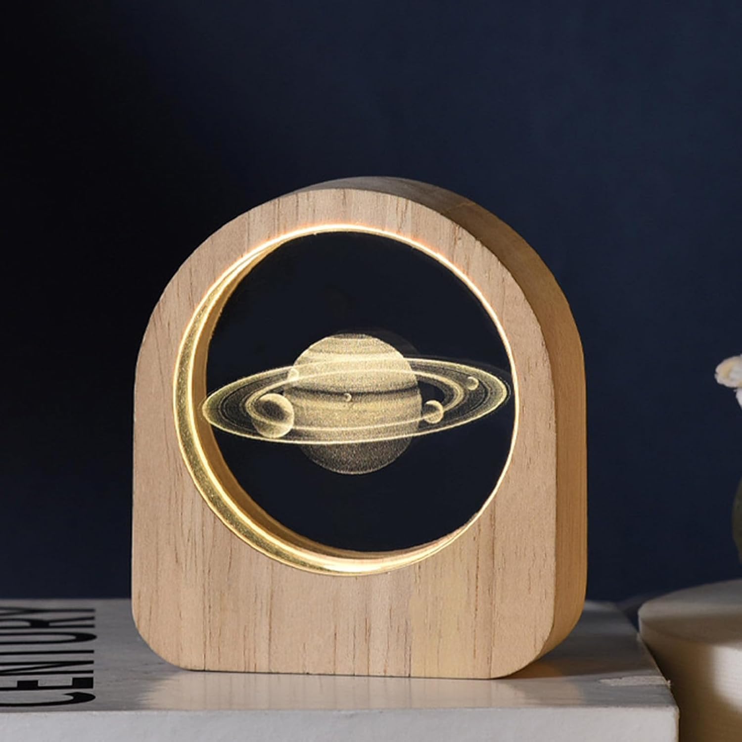 UCRAVO 3D Saturn Crystal Ball Night LED Light Lamp for Kids with Wooden Base, USB Rechargeable, Wood Holder Display Stand Night Lamps Desktop Home Decoration Birthday Gift for Kids Boys & Girls