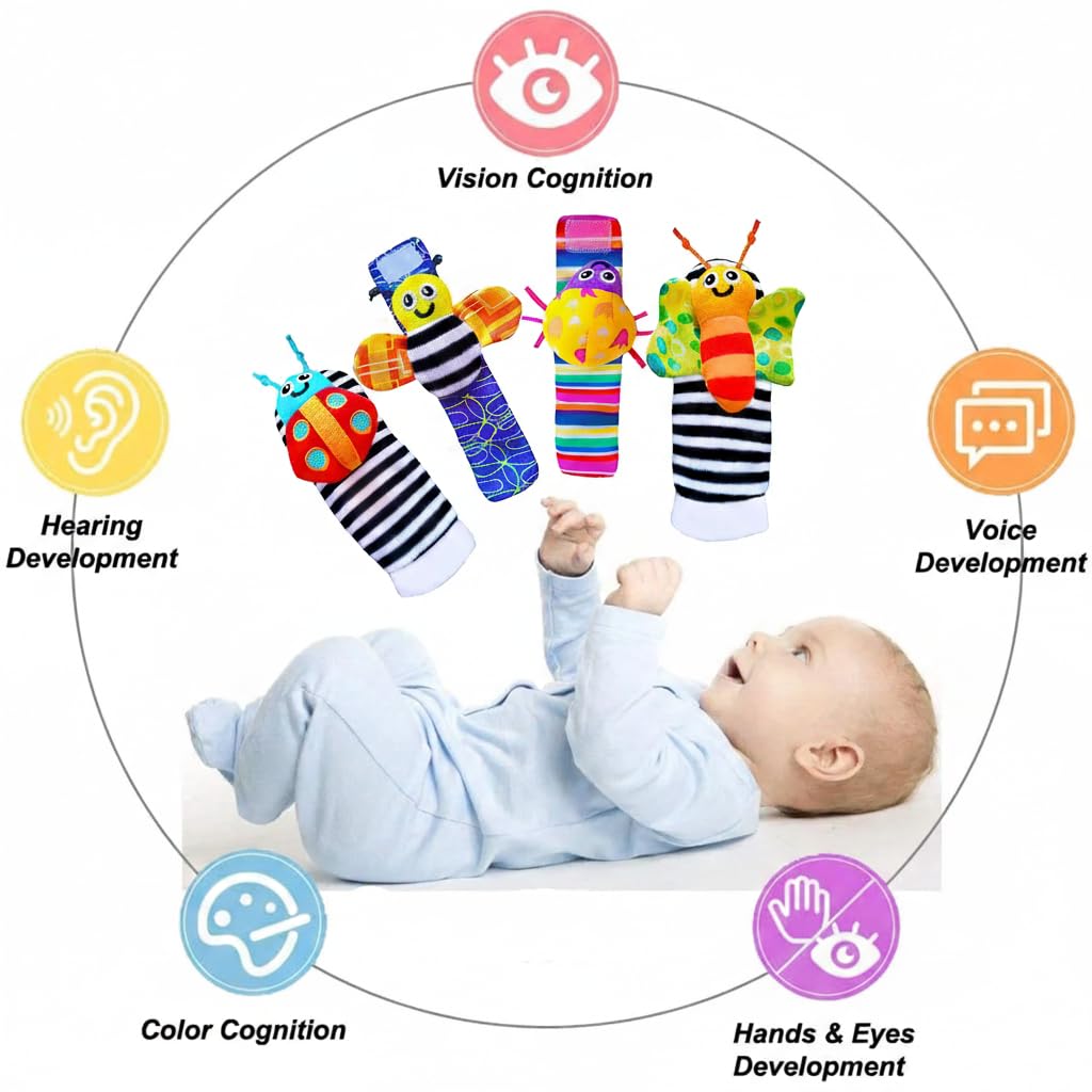 UCRAVO Baby Wrist Rattle Socks & Foot Finder Set for Newborn Boys & Girls, High Contrast Black and White Infant Sensory Toys 0-12 Months, Soft Montessori Developmental Toy, Tummy Time Activity Gift