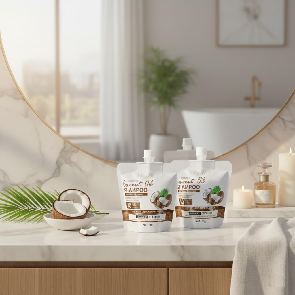 UCRAVO 2 Pack Nourishing Coconut Oil Shampoo 60g - Anti Dandruff Hair Care Product | Scalp Repair & Flake Removal | Strengthening Moisturizing Shampoo for Dry & Damaged Hair | Travel Friendly Bags