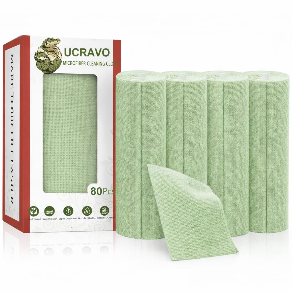 UCRAVO 4 Roll 80pcs Pastel Green Microfiber Cleaning Cloth - Pre-Cut Tear Away Microfiber Cleaning Cloth Roll | Highly Absorbent Reusable Multipurpose Cleaning Cloths and Wipes for Home Kitchen & Car